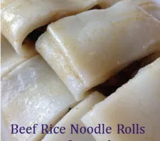 close up view of beef rice noodle rolls