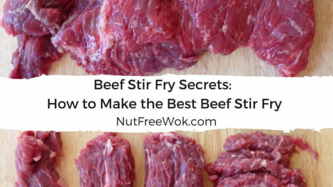 Slice beef flap meat (top) into strips and then slice each strip against the grain.