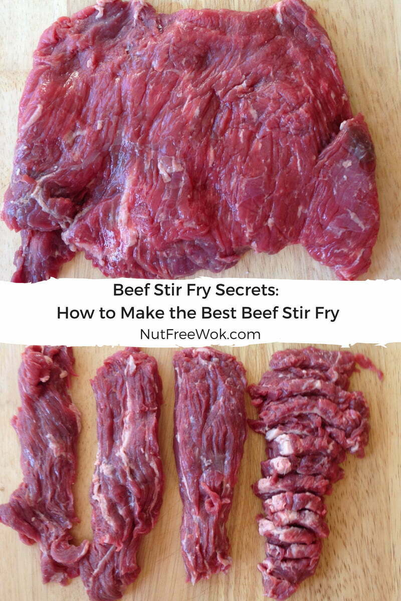 Slice beef flap meat (top) into strips and then slice each strip against the grain.