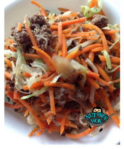 Picttured: Ground bison, Carrots & Cabbage over brown rice
