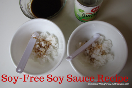 Soy-Free Soy Sauce Recipe compared with regular soy sauce drizzled over bowls of rice