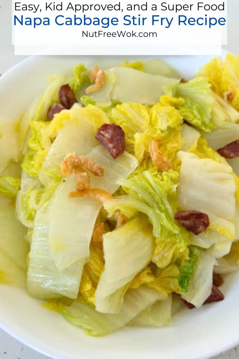 close up of stir fried napa cabbage with dried shrimp and Chinese sausages