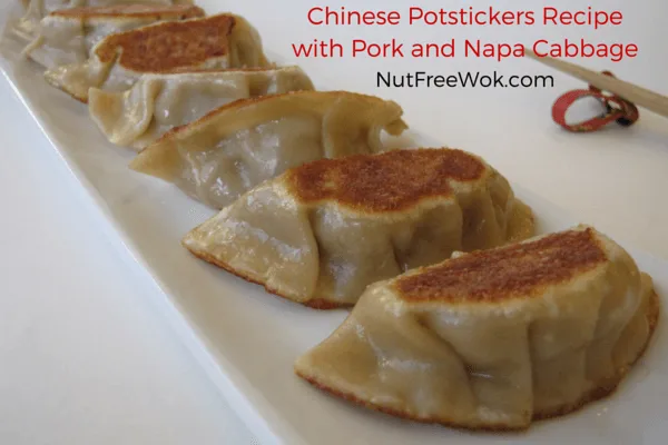 close up view of chinese potstickers with pork and napa cabbage