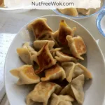 pan fried chicken potstickers in an oval plate