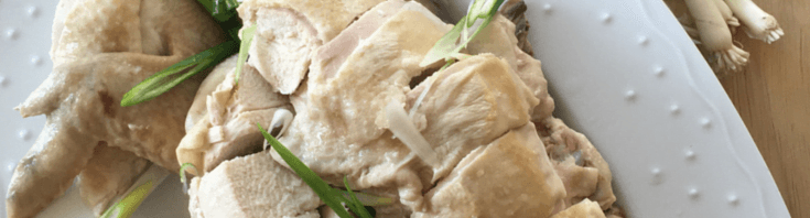 close up of chopped up chicken with green onion garnishes on a platter