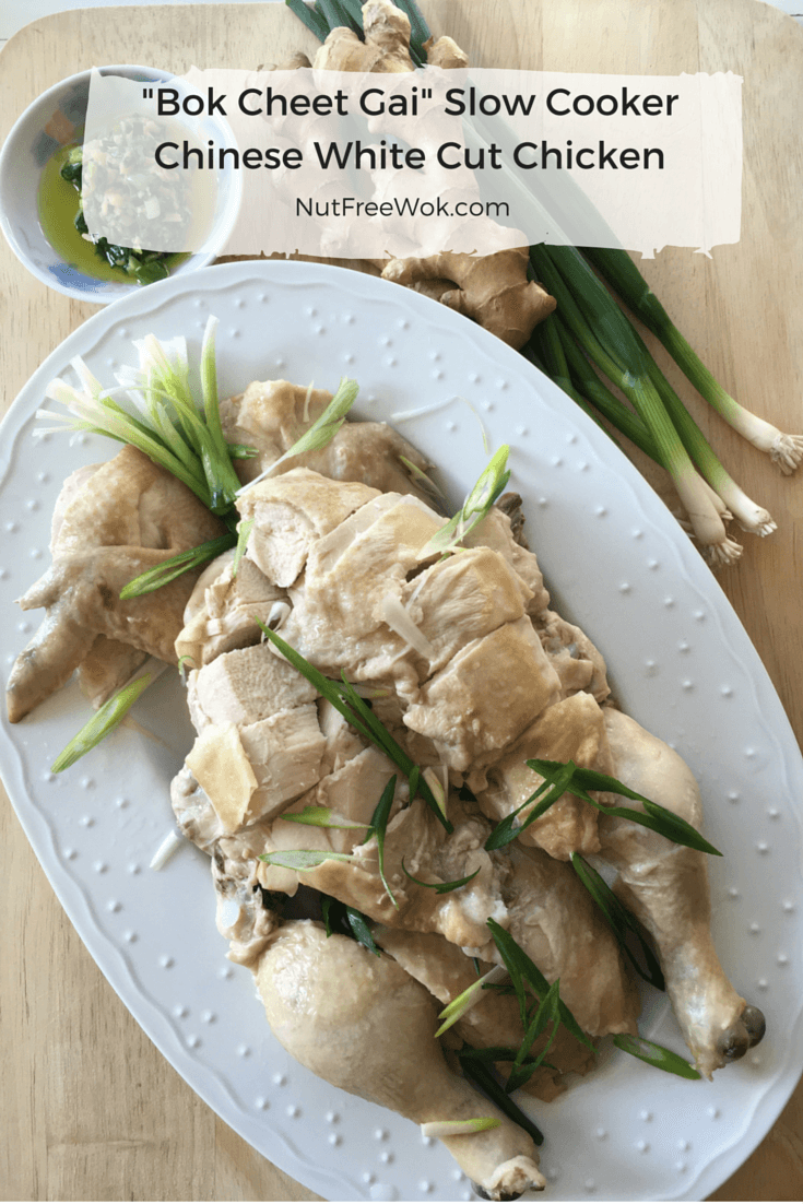 Bok Cheet Gai Slow Cooker Chinese White Cut Chicken on a white platter with some ginger, green onions, and sauce