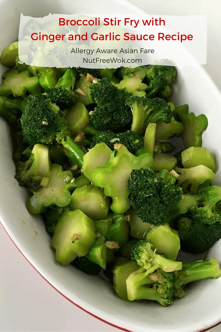 Broccoli Stir Fry with Ginger and Garlic Sauce in a white oval bowl