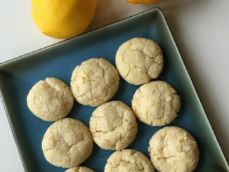 cookies on a blue square plate with two lemonsLemon Vanilla Crinkle Cookies Nut Free Wok