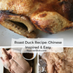 Collage roast duck, prepped raw duck with ingredients, and how to use a skewer to sew up the cavity Roast Duck Recipe Nut Free Wok