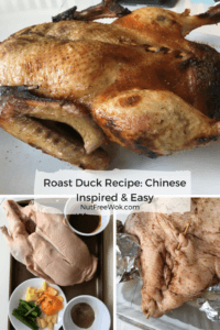 Collage roast duck, prepped raw duck with ingredients, and how to use a skewer to sew up the cavity Roast Duck Recipe Nut Free Wok