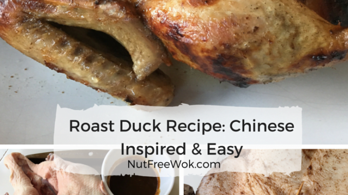 Collage roast duck, prepped raw duck with ingredients, and how to use a skewer to sew up the cavity Roast Duck Recipe Nut Free Wok