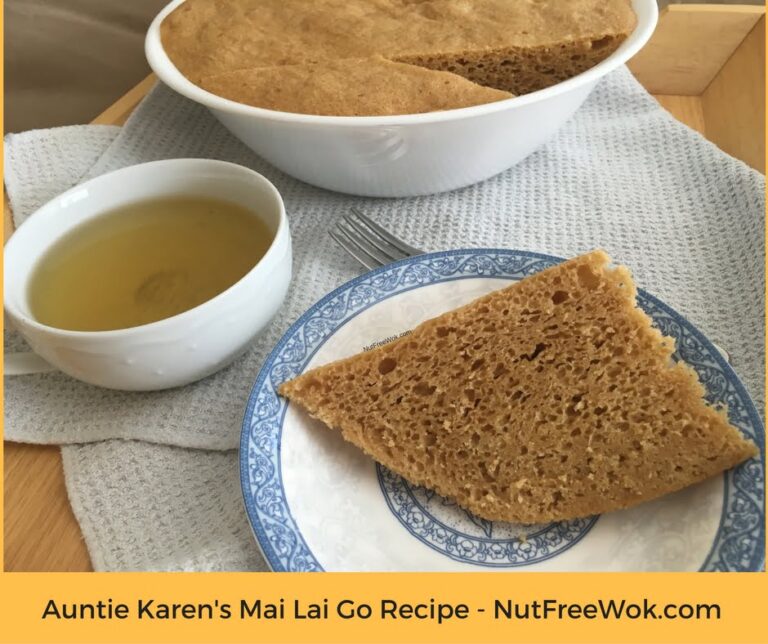 close up of a cup of tea with a slice of Auntie Karen's Mai Lai Go from NutFreeWok.com