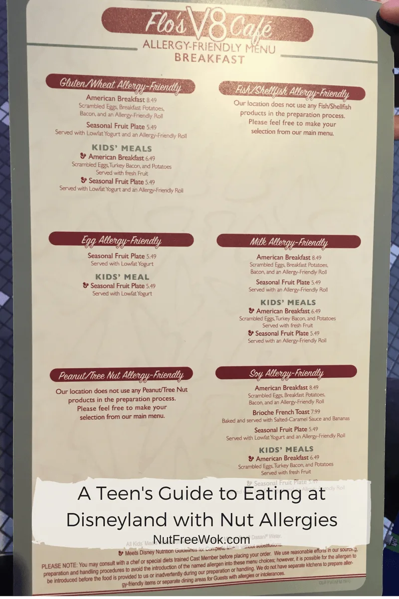 flo's v8 cafe menu teens disneyland nut allergies
