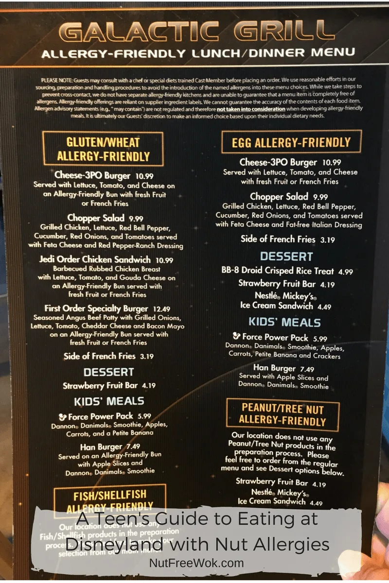 Galactic Grill Menu Teen's Guide Disneyland Nut Allergies