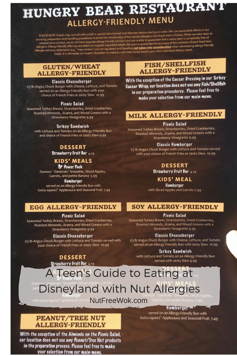Hungry Bear Menu Teen's Guide Disneyland Nut Allergies