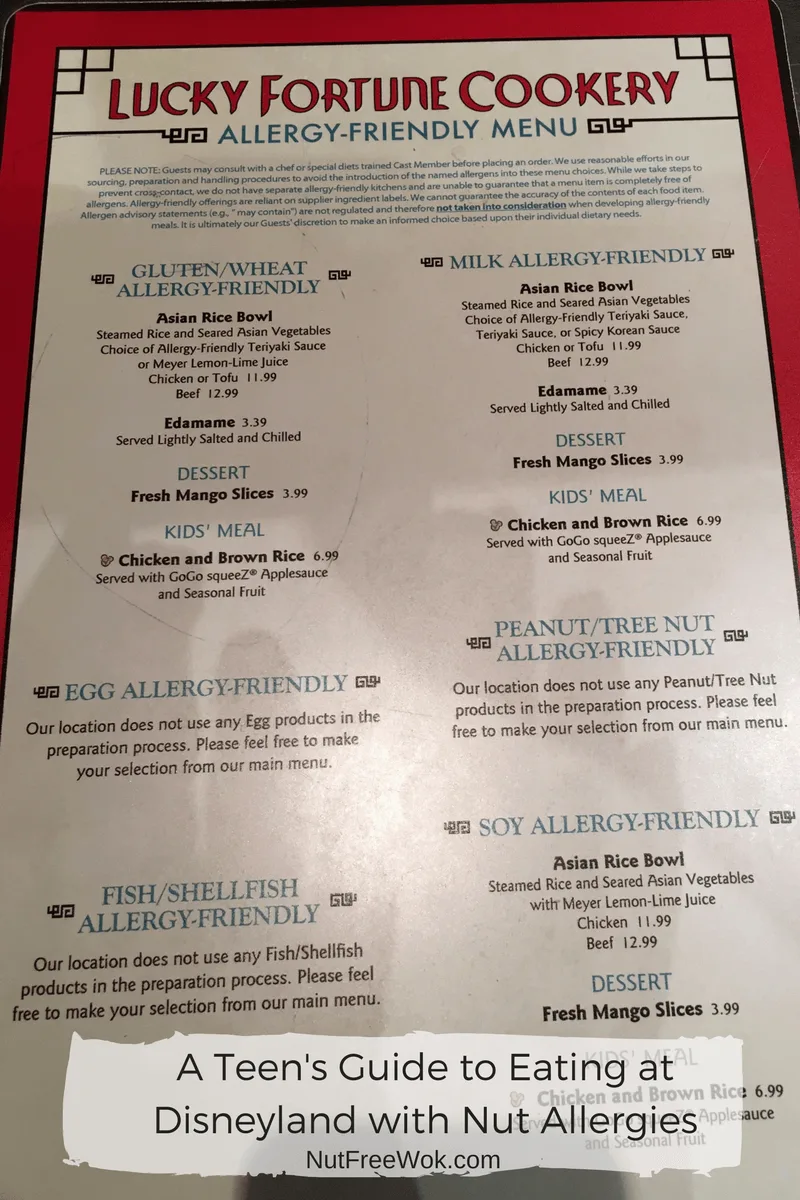 Lucky Fortune Menu Teen's Guide Disneyland Nut Allergies