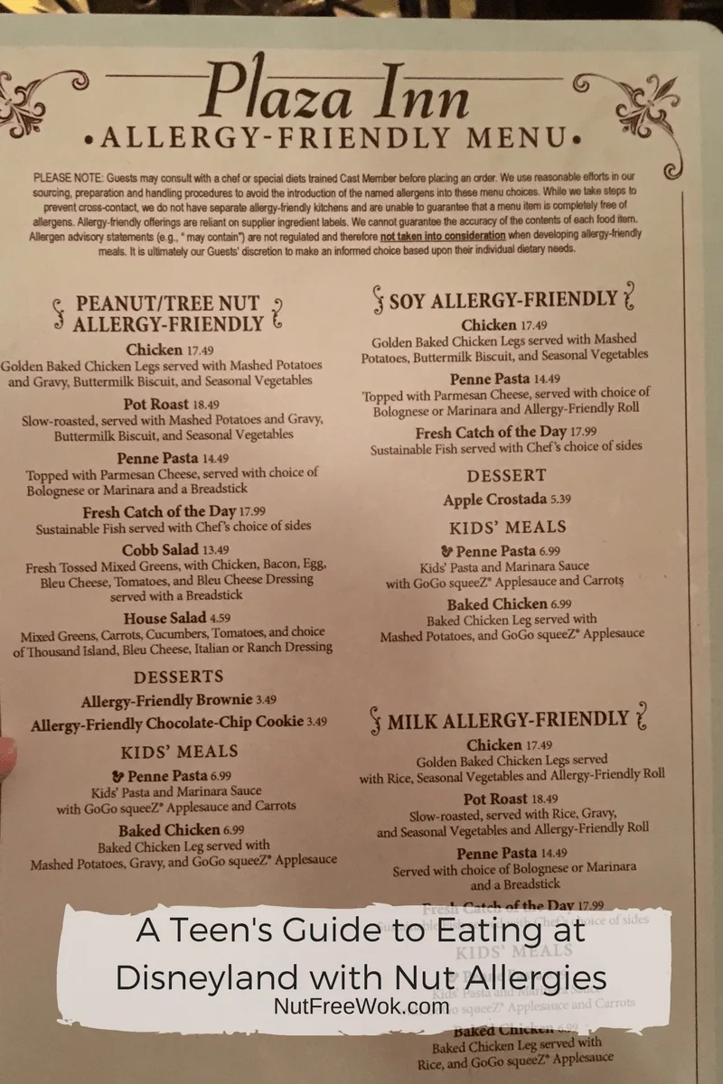  Plaza Inn Menu Teen's Guide Disneyland Nut Allergies