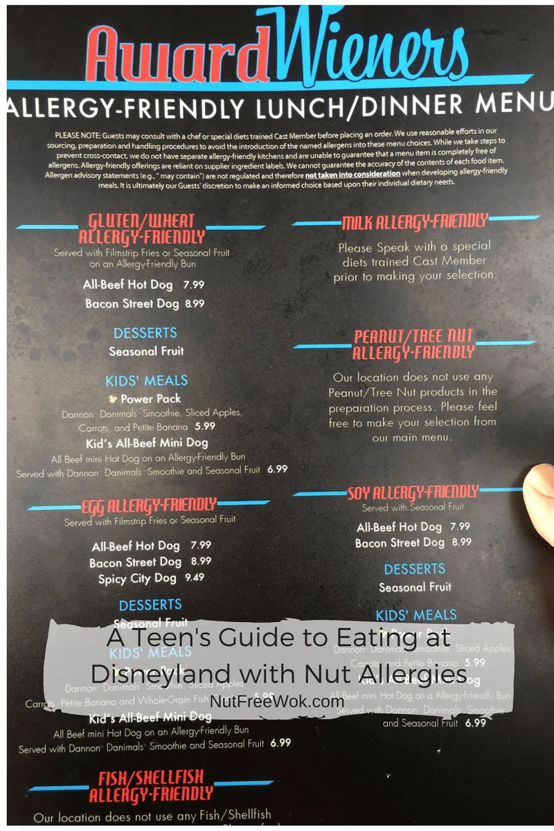 award weiners Menu Teen's Guide Disneyland Nut Allergies