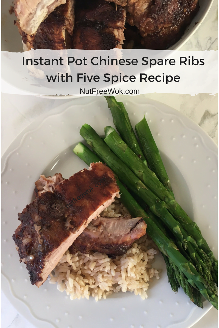 Instant Pot Chinese Spare Ribs plated with rice and asparagus