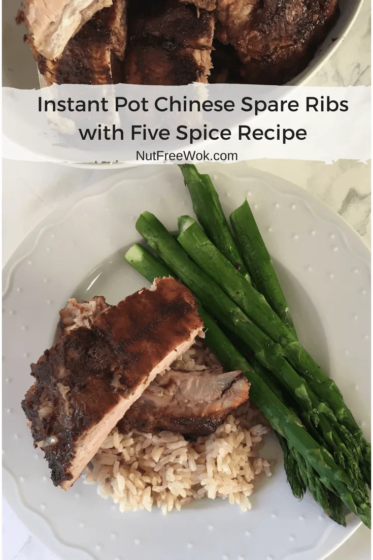 Instant Pot Chinese Spare Ribs plated with rice and asparagus