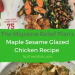 collage of the cover of the migraine relief plan book and maple sesame glazed chicken recipe