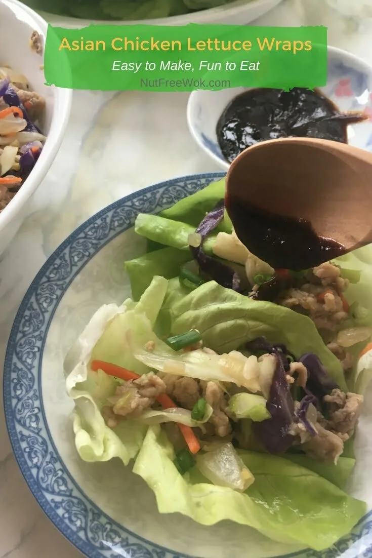 Asian Chicken Lettue Wraps are ready to eat with a little dab of hoisin sauce!