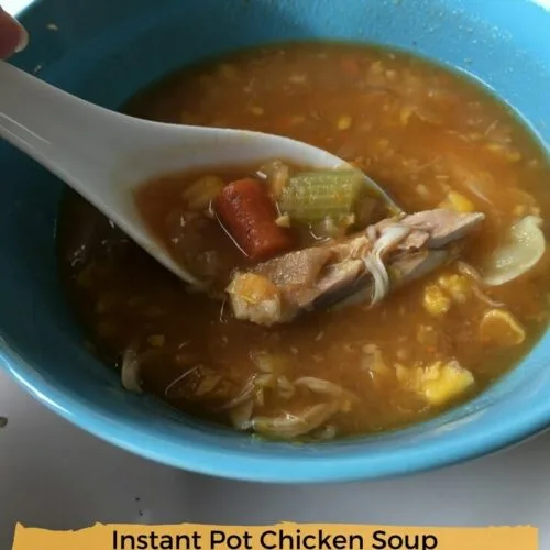 enjoy a bowl of Instant Pot Chicken Soup with corn and vegetables, recipe by Nut Free Wok