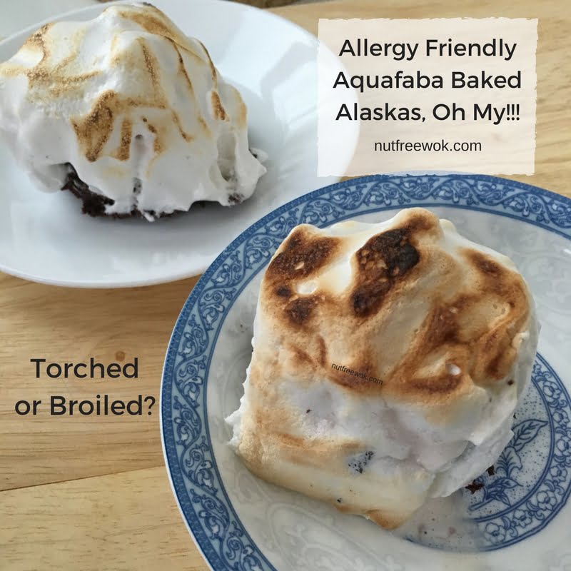 Two aquafaba baked alaskas look different because one is torched and the other is broiled.