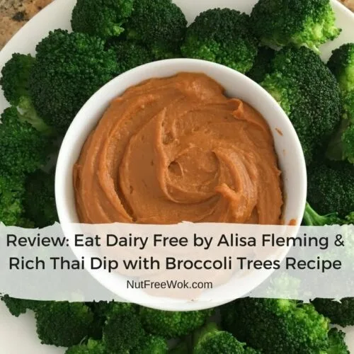nut free rich thai dip with broccoli trees made with sunflower seed butter