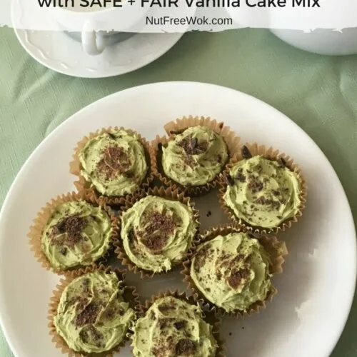 A plate of Matcha Chocolate Chip Cupcakes with a cup of green tea and a teapot