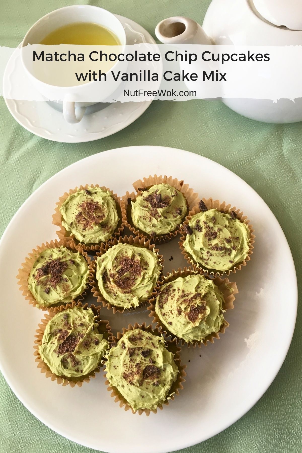 A plate of Matcha Chocolate Chip Cupcakes with a cup of green tea and a teapot