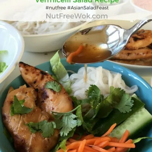 Spoon on some nuoc cham onto vietnamese chicken and rice vermicelli noodles