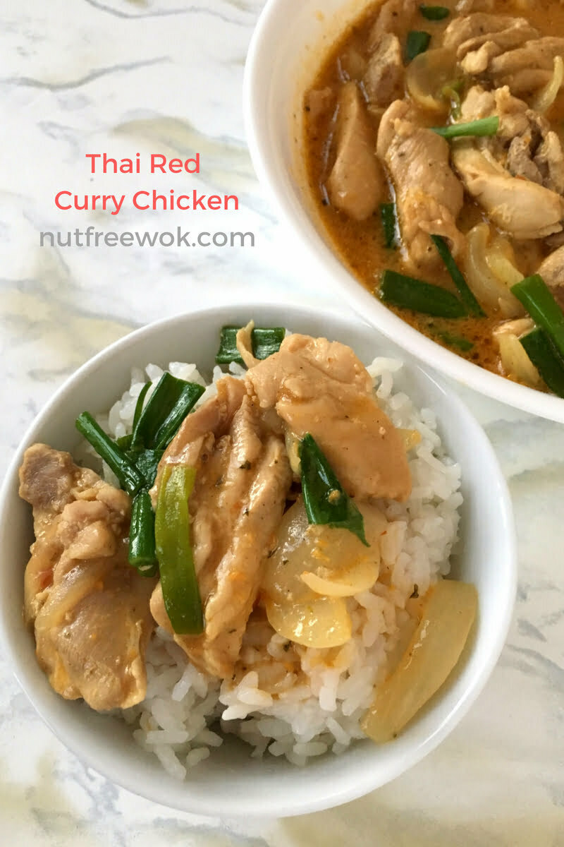 Delicious Thai Red Curry Chicken is ready to eat with a bowl of steaming hot rice #nutfree
