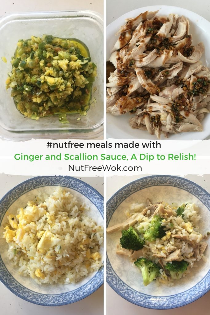 #nutfree examples of what can be made with ginger and scallion sauce: drizzle over plain chicken, simple fried rice, and broccoli and chicken fried rice.