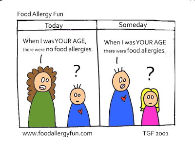 Food Allergy Fun cartoon, Today: When I was YOUR AGE there were no food allergies. Someday: When I was YOUR AGE, there were food allergies.