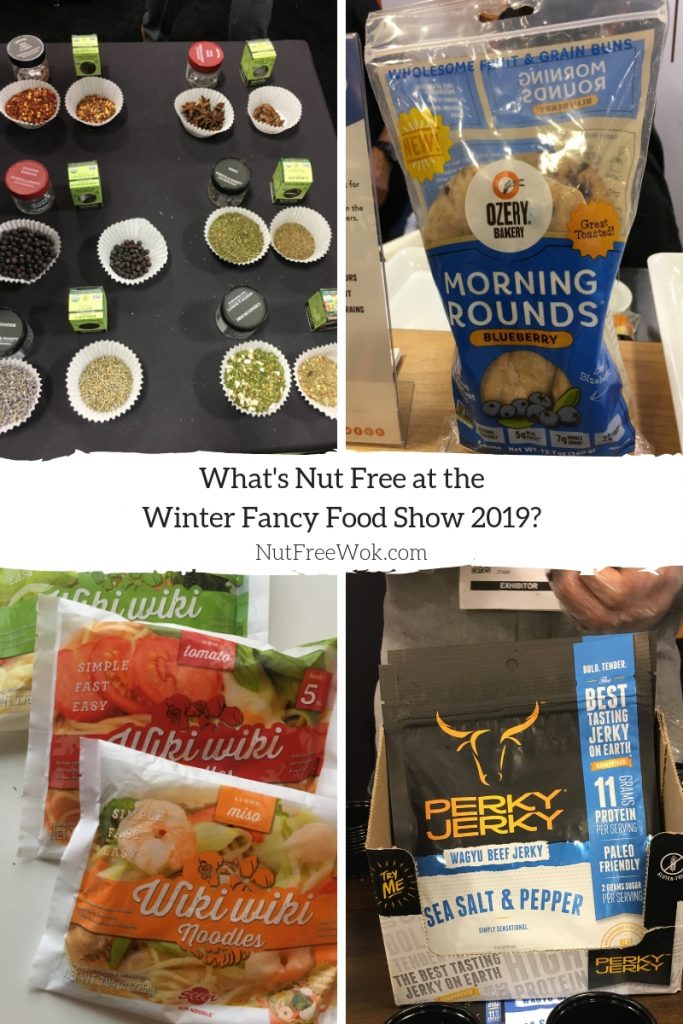 Nut Free WFFS19 Morton Bassett spices and herbs look vibrant, Ozery Blueberry Morning Rounds, Sun Noodles Wikiwiki Ramen, and Perky Jerky Wagyu