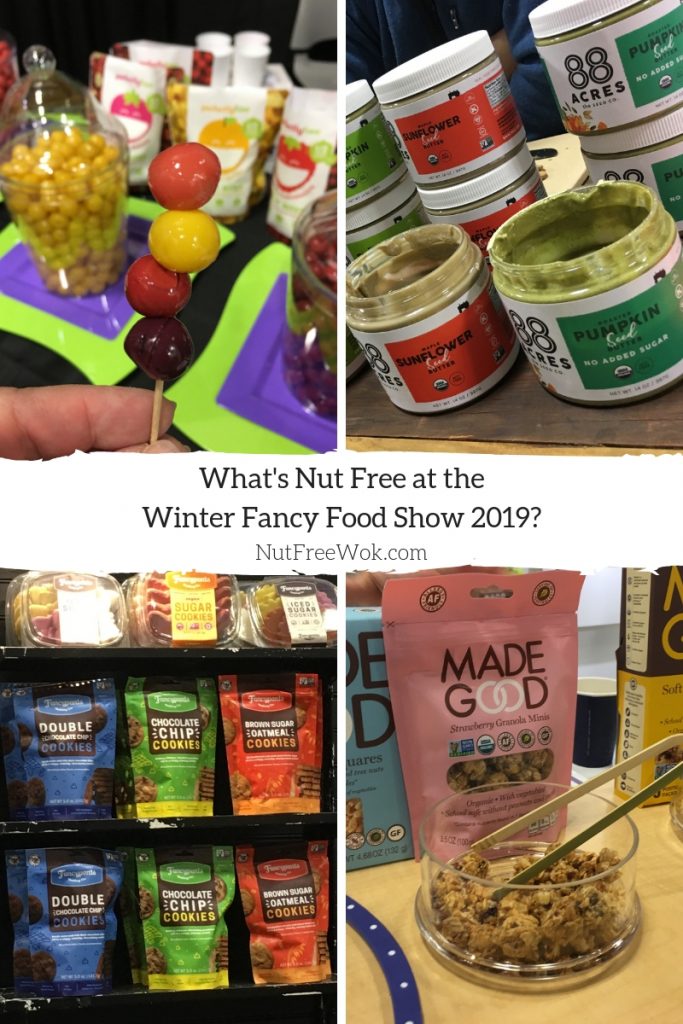 WFFS19 Nut free finds: Perfectly Free's Fruit Bites on a toothpick, 88 Acres sunflower and pumpkin spreads, Fancypants Baking has new packaging and new vegan cookies (top shelf), and Made Good's granola minis.