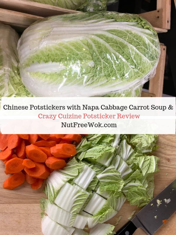 Photo of fresh napa cabbage at the store and chopped napa cabbage and carrots ready to go into napa cabbage and crazy cuizine potsticker soup