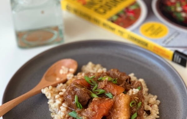 Japanese Beef Curry served over rice and The Gluten Free Instant Pot Cookbook Review by Nut Free Wok