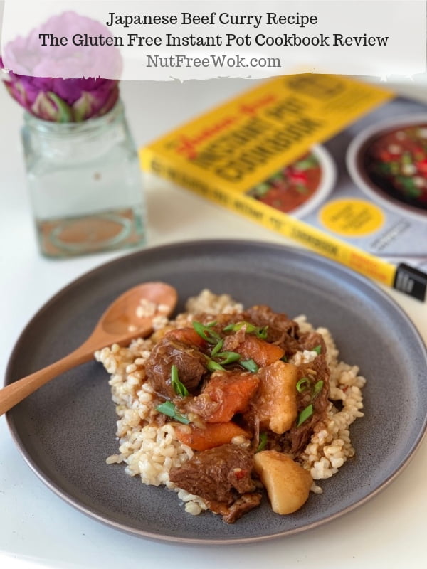 Japanese Beef Curry served over rice and The Gluten Free Instant Pot Cookbook Review by Nut Free Wok