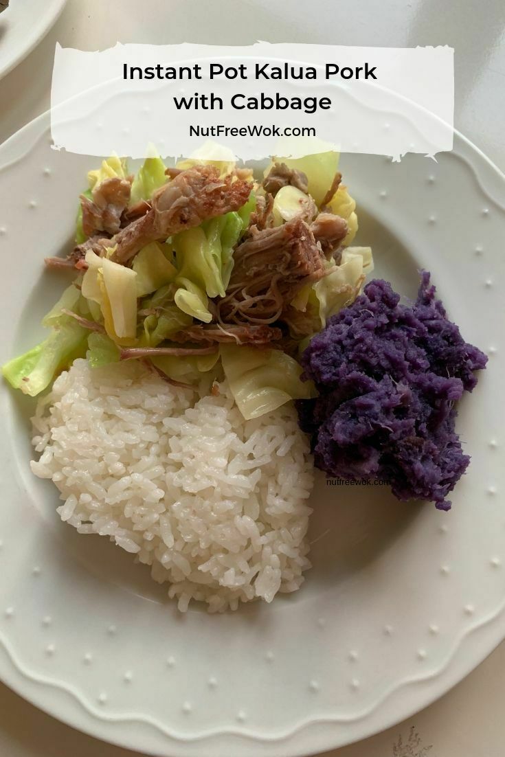 Instant Pot Kalua Pork served with sides, freshly cooked rice and purple sweet potato.