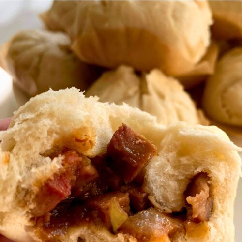 close up of a steamed bbq pork bun, char siu bao