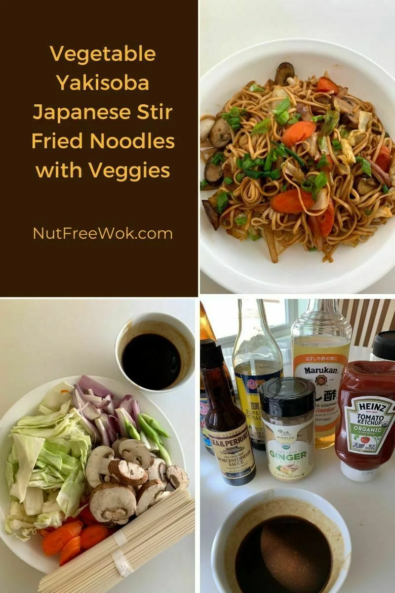 collage of finished yakisoba dish, ingredients, and sauce ingredients