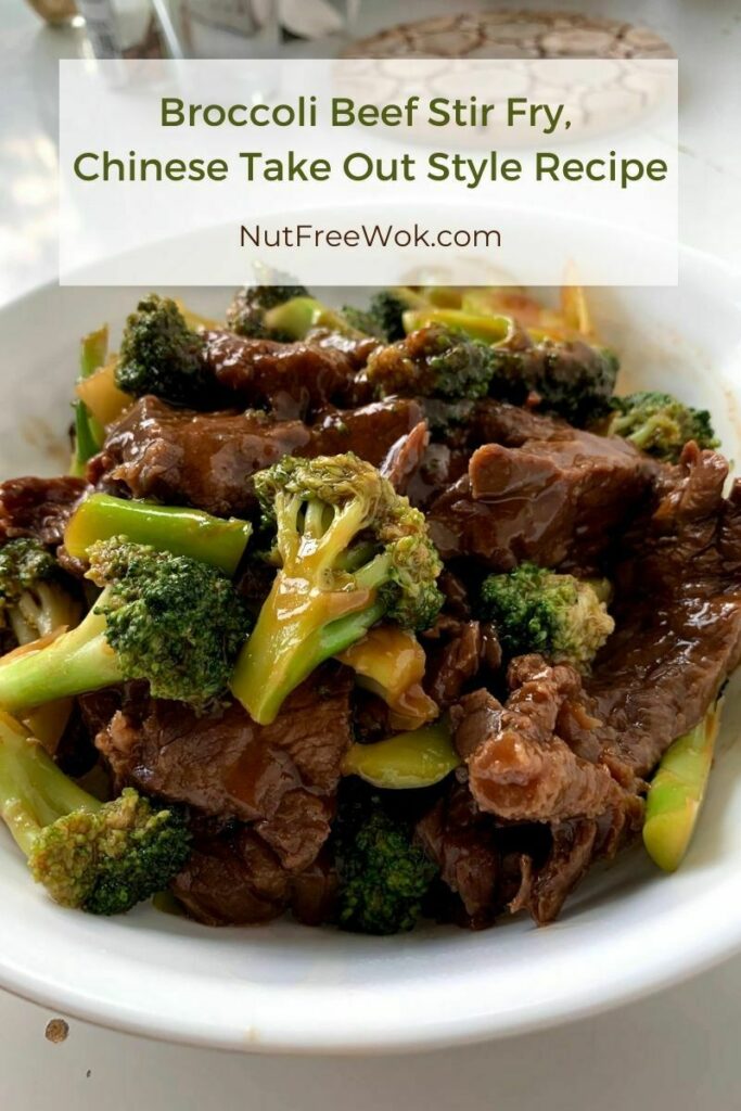 Broccoli Beef Stir Fry, Chinese Take Out Style in a white bowl