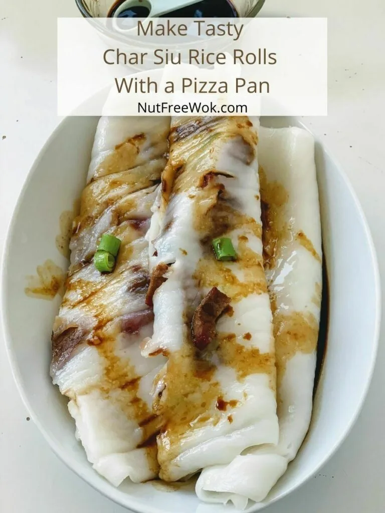 Char siu rice rolls plated in a white oval dish and drizzled with a sweet soy sauce