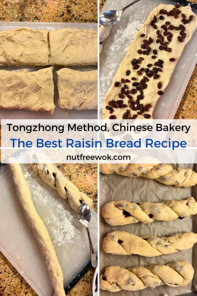 Collage of photos showing how to assemble the raisin bread. Cut into 4 rectangles, stretch and top with raisins, roll into a log and then twist, and add to a parchment paper lined baking tray to proof some more.