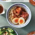 lu rao fan, braised pork and egg rice bowl with baby bok choy on the side