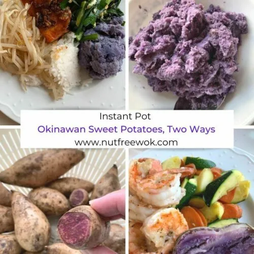 Collage: mashed sweet potatoes, raw sweet potoates, and serving ideas