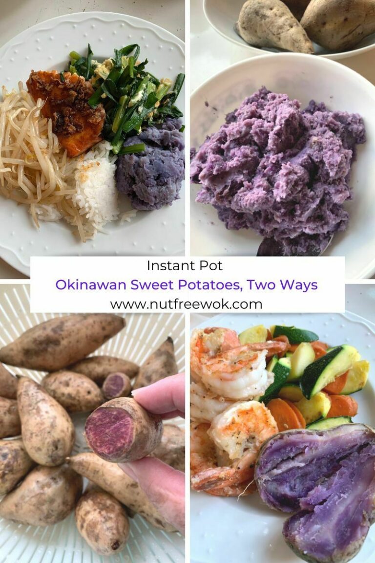 Collage: mashed sweet potatoes, raw sweet potoates, and serving ideas