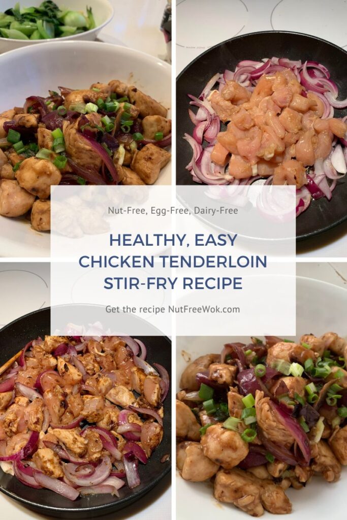 Collage of cooked chicken in a white serving bowl and chicken at various cooking stages